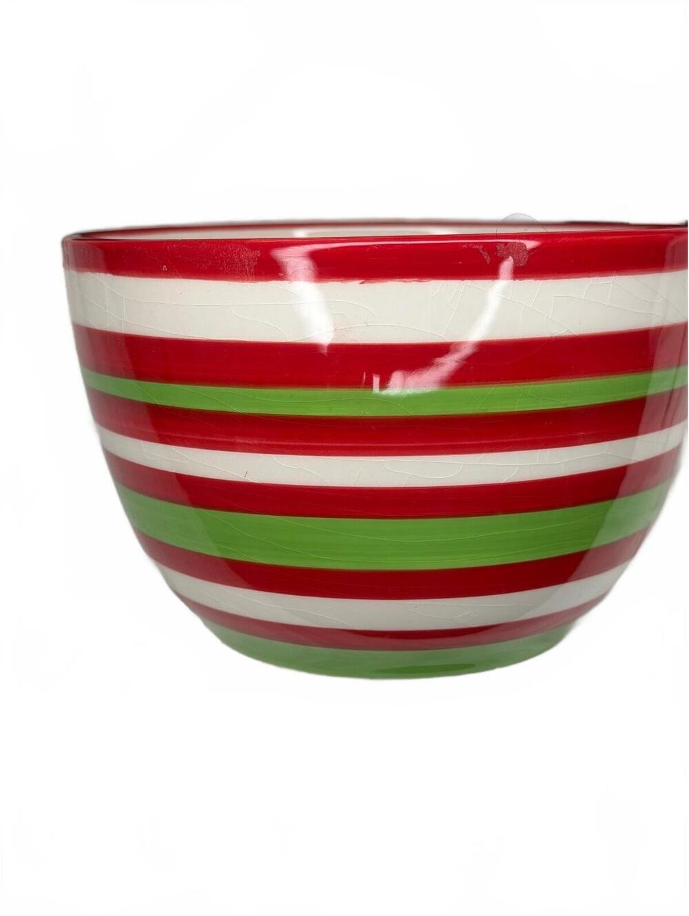 Pier 1 Imports Hand-Painted Earthenware Bowl with Red, Green, and White Stripes